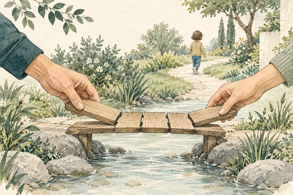 Due mani completano un piccolo ponte mentre un bambino cammina su un sentiero sullo sfondo.